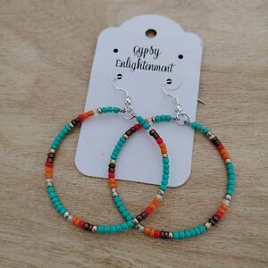 Turquoise and Orange Beaded Hoop Earrings,Handmade, Native American Earrings